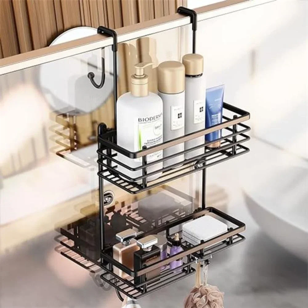 Over Shower Door Caddy, Hanging Organizer With 2-Tier Rack and Hooks, Holds Soap